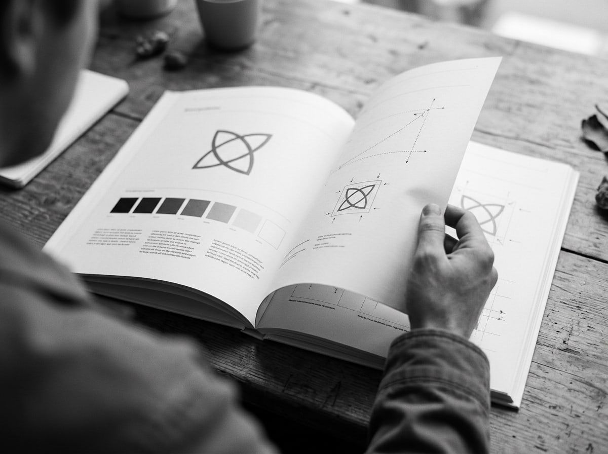 Hand turning the pages of a printed brand guidelines book showing a logo and color palette