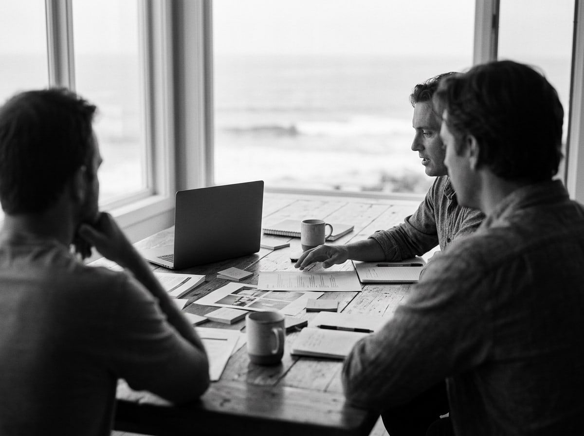Three people in a discovery workshop around a table by a window overlooking the ocean