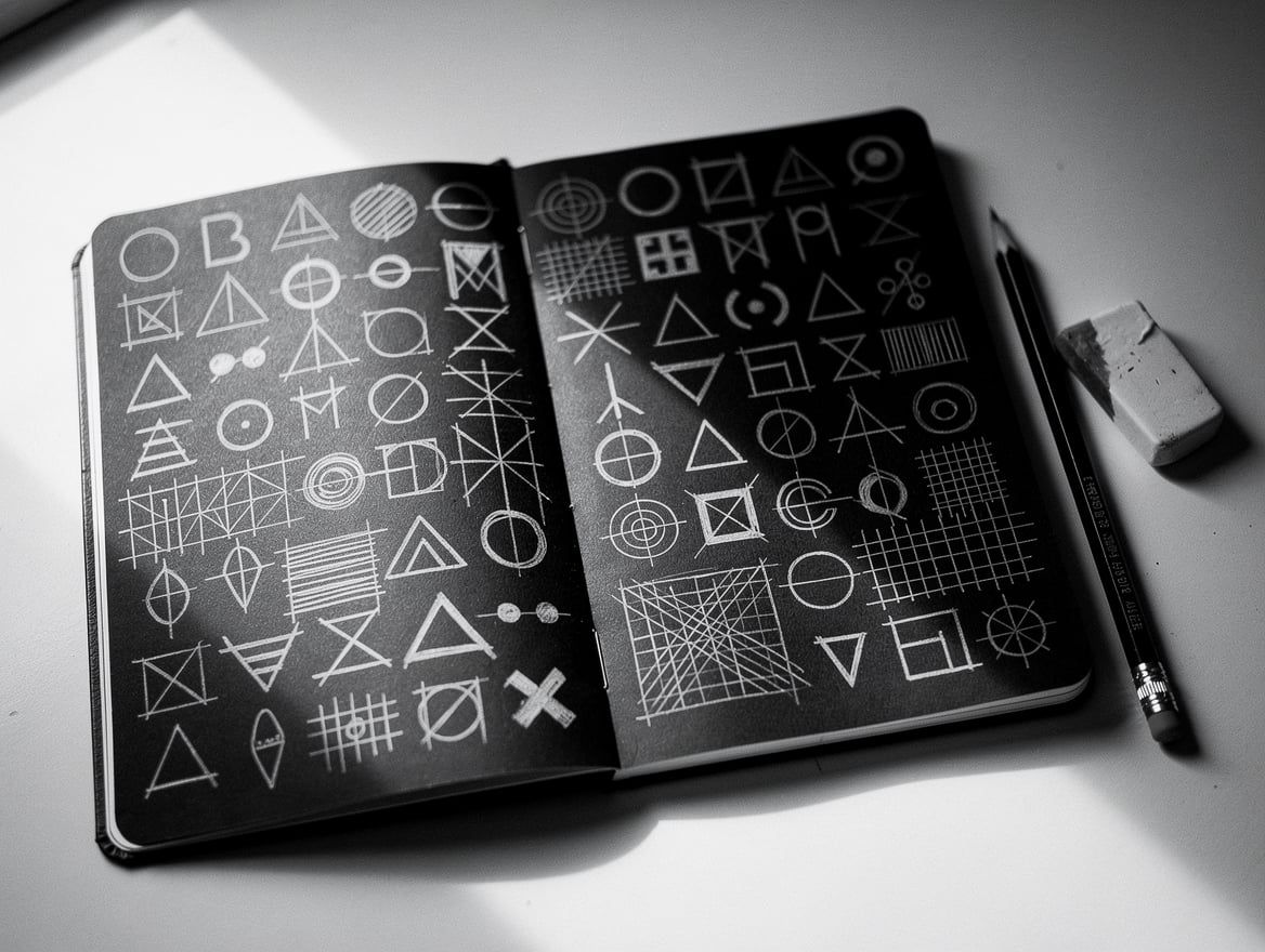 Sketchbook filled with geometric logo explorations