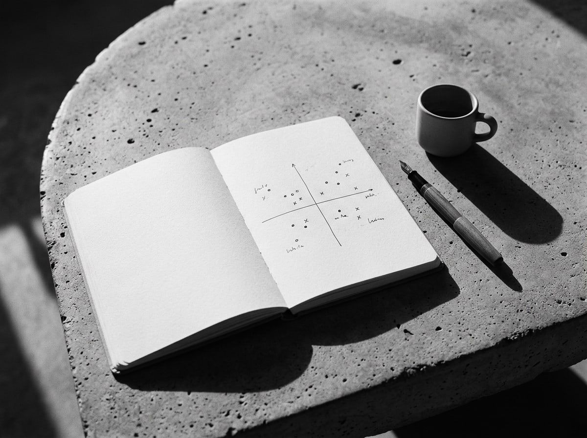 Notebook open to a hand-drawn positioning map beside a coffee cup and pen